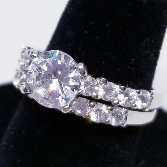 Sterling Silver Wedding Ring Set 925 CZ Round sz 6 - Picture 2 of 8